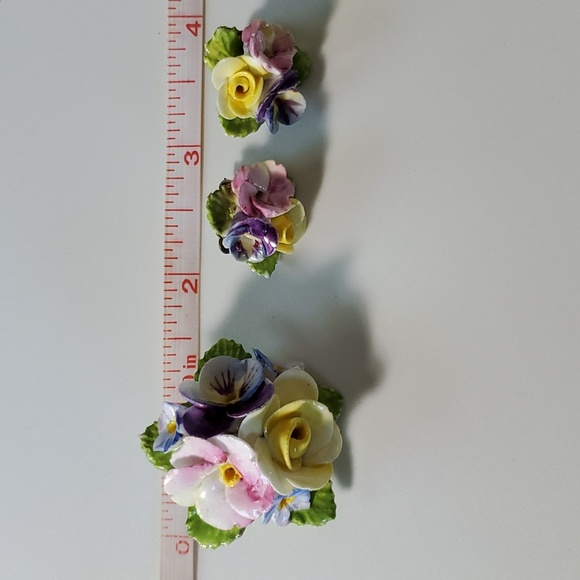 Bone China Brooch & Earrings Set England Vintage Porcelain Floral Bouquet Flower - Picture 10 of 10